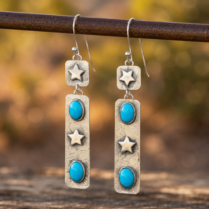 Handmade Hammered Sterling Silver Sleeping Beauty Turquoise Bohemian Earrings