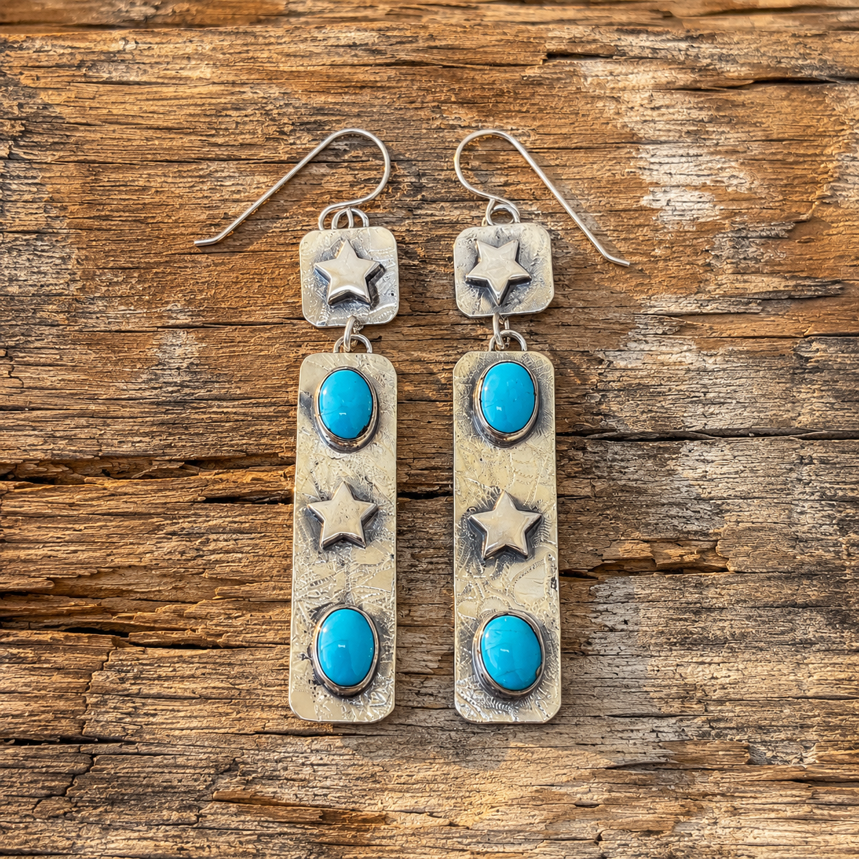 Handmade Hammered Sterling Silver Sleeping Beauty Turquoise Bohemian Earrings