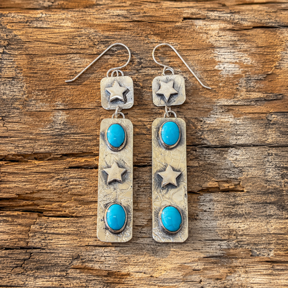 Handmade Hammered Sterling Silver Sleeping Beauty Turquoise Bohemian Earrings