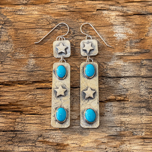 Handmade Hammered Sterling Silver Sleeping Beauty Turquoise Bohemian Earrings