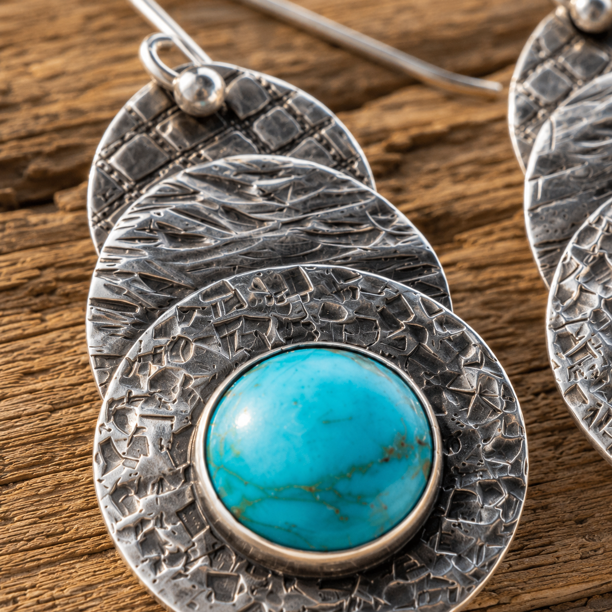 Handmade Hammered Sterling Silver Royston Turquoise Bohemian Earrings