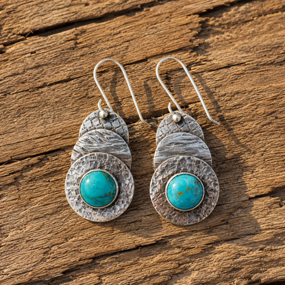 Handmade Hammered Sterling Silver Royston Turquoise Bohemian Earrings