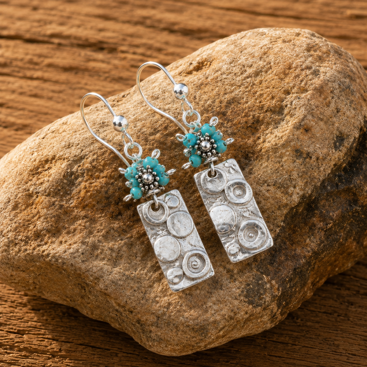 Handmade Hammered Sterling Silver Turquoise Beaded Bohemian Earrings