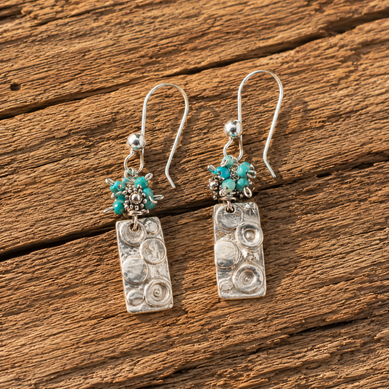 Handmade Hammered Sterling Silver Turquoise Beaded Bohemian Earrings