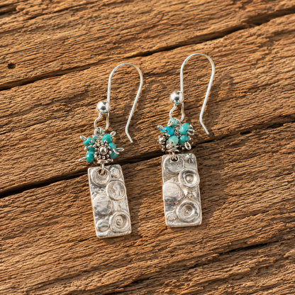 Handmade Hammered Sterling Silver Turquoise Beaded Bohemian Earrings