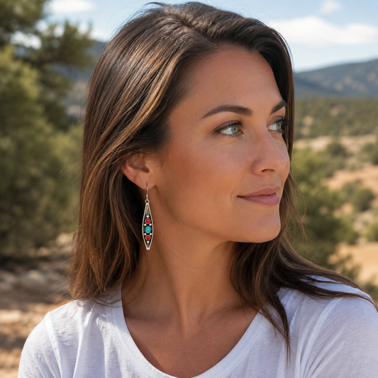 Handmade Sterling Silver Navajo Turquoise & Red Agate Dangle Earrings