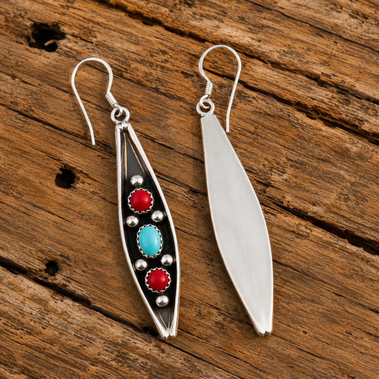 Handmade Sterling Silver Navajo Turquoise & Red Agate Dangle Earrings