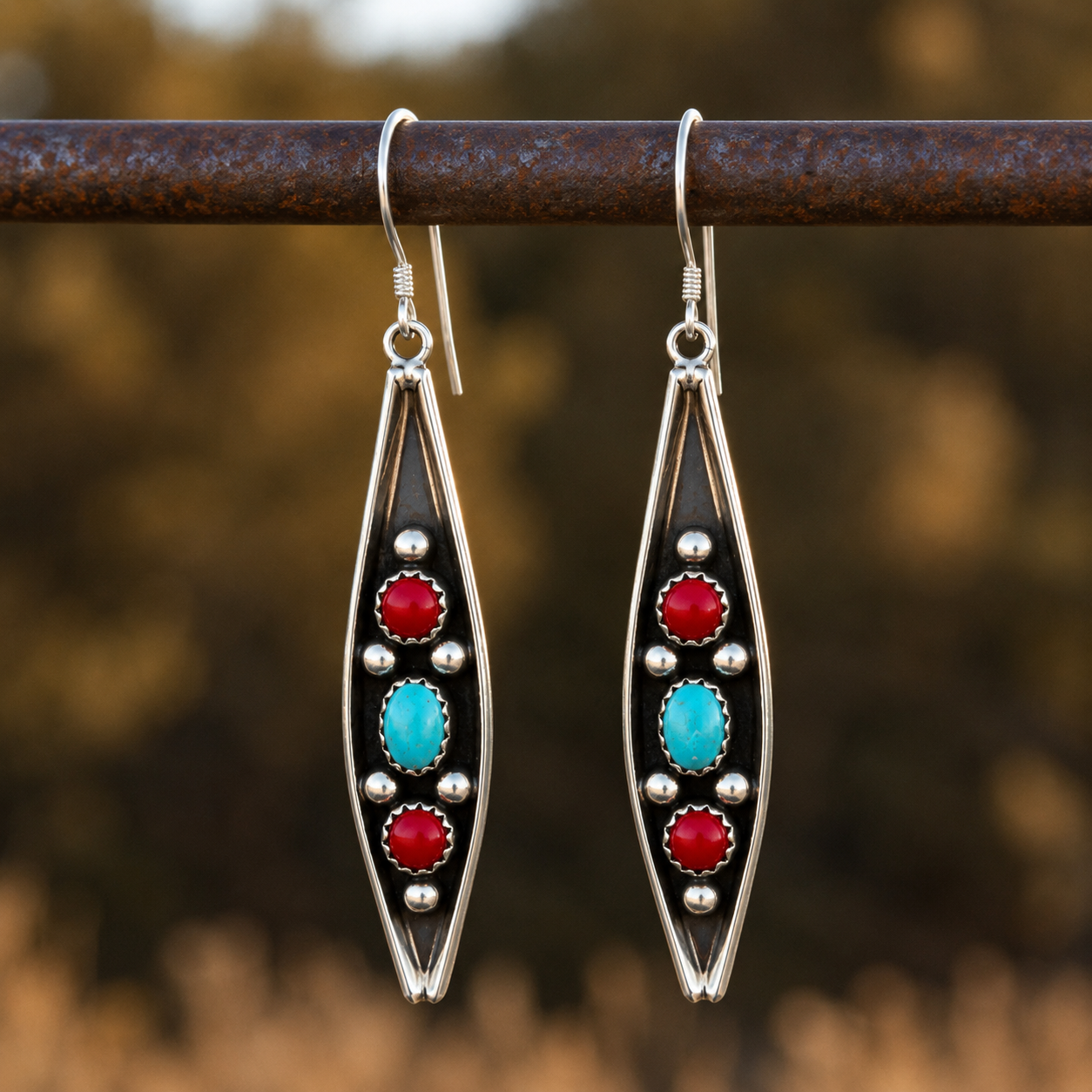 Handmade Sterling Silver Navajo Turquoise & Red Agate Dangle Earrings