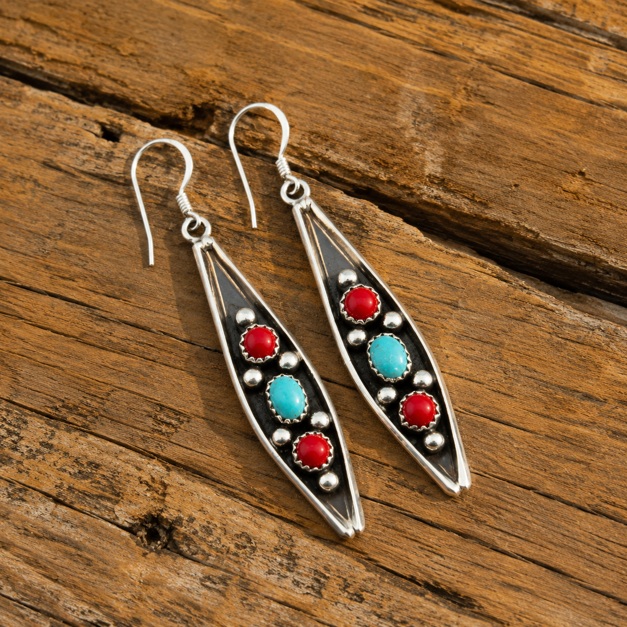 Handmade Sterling Silver Navajo Turquoise & Red Agate Dangle Earrings
