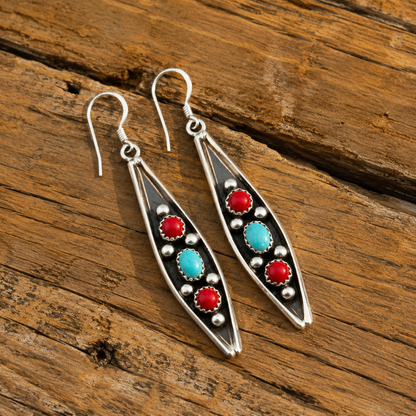 Handmade Sterling Silver Navajo Turquoise & Red Agate Dangle Earrings