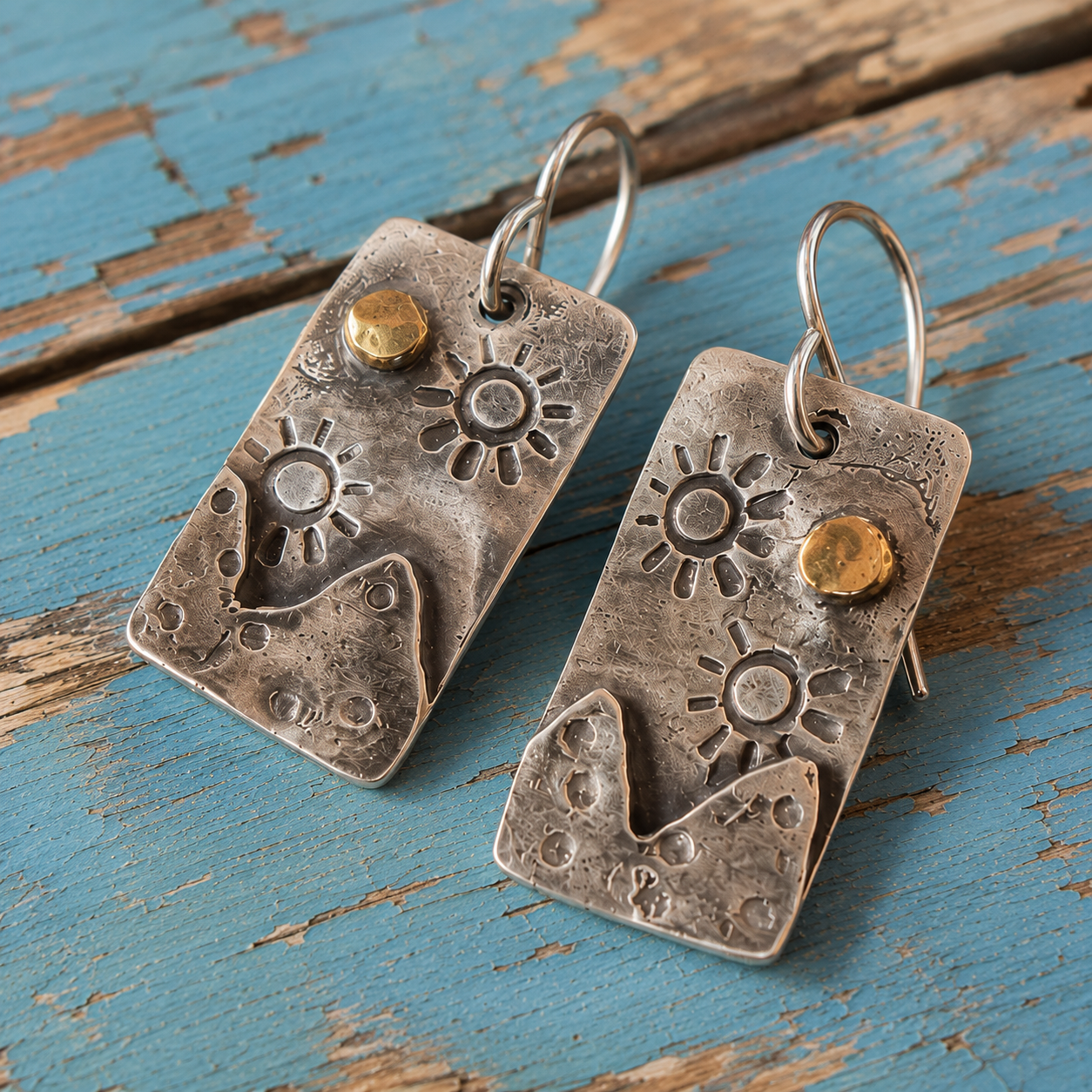 Handmade Sterling Silver Sun & Mountain Earrings with Brass Accent