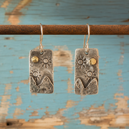 Handmade Sterling Silver Sun & Mountain Earrings with Brass Accent