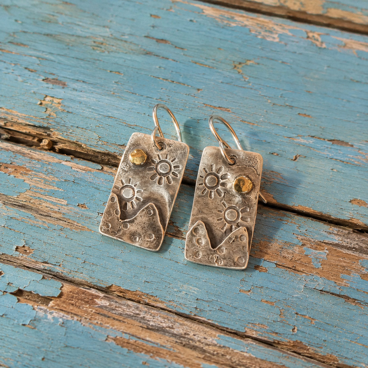 Handmade Sterling Silver Sun & Mountain Earrings with Brass Accent