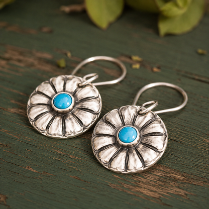 Handmade Sterling Silver Royston Turquoise Disc Earrings