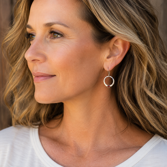 Handmade Hammered Sterling Silver Garnet Hoop Earrings
