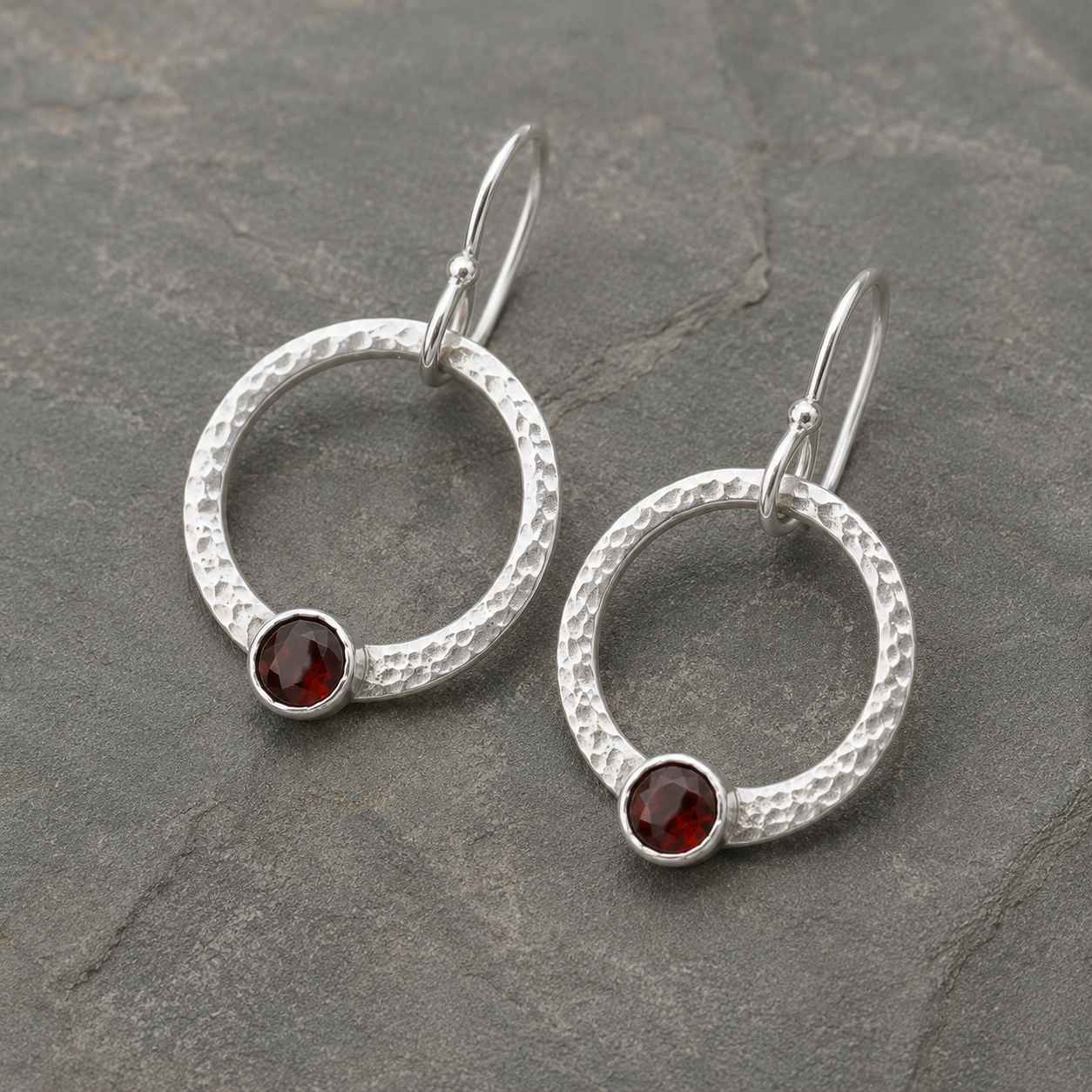 Handmade Hammered Sterling Silver Garnet Hoop Earrings