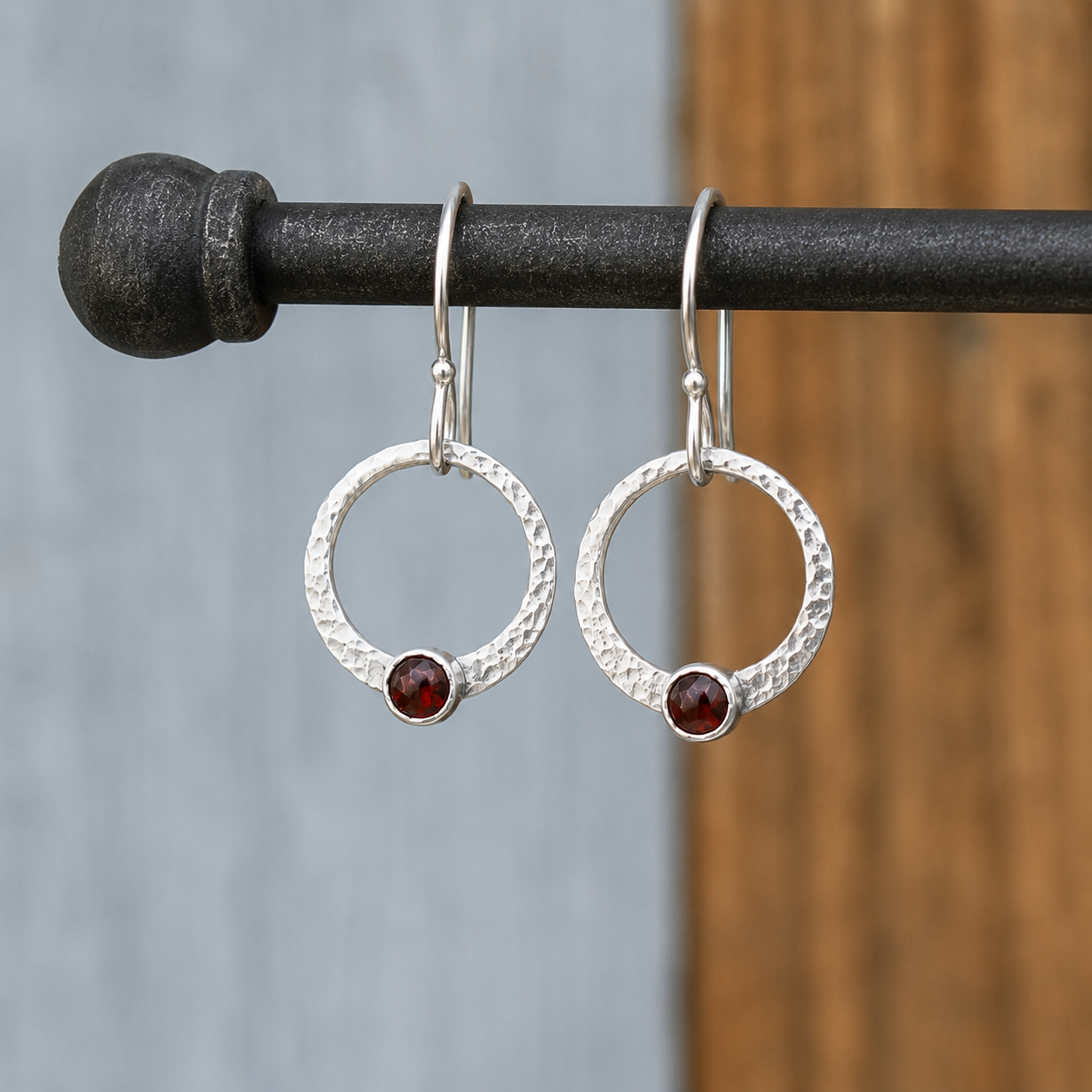 Handmade Hammered Sterling Silver Garnet Hoop Earrings