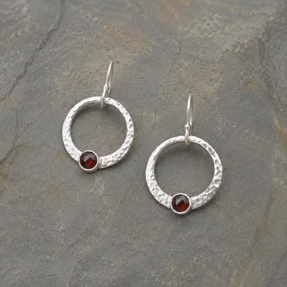 Handmade Hammered Sterling Silver Garnet Hoop Earrings