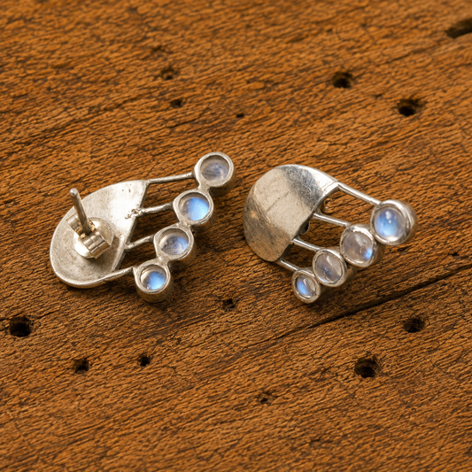 Handcrafted Sterling Silver Natural Moonstone Climber Stud Earrings