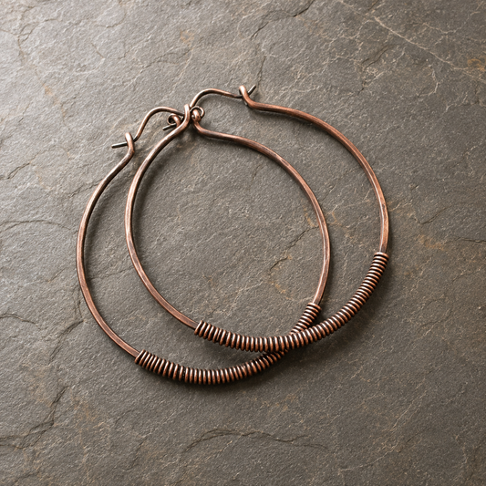 Handmade Hammered Copper Hoop Earrings – Wire Wrapped Boho Earrings for Women