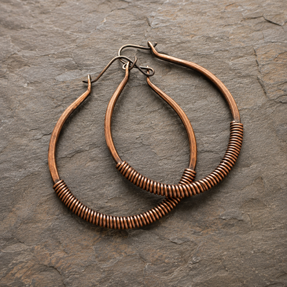 Handmade Hammered Copper Hoop Earrings – Wire Wrapped Boho Earrings for Women