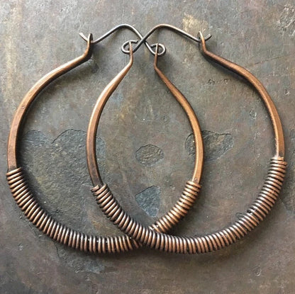 Handmade Hammered Copper Hoop Earrings – Wire Wrapped Boho Earrings for Women