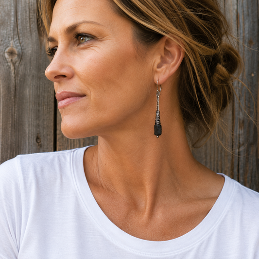 Handmade Sterling Silver & Black Obsidian Wire-Wrapped Dangle Earrings – Artisan Hammered Boho Earrings for Women