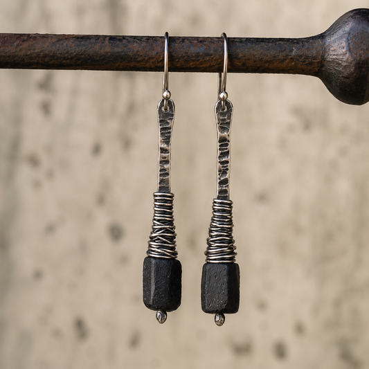 Handmade Sterling Silver & Black Obsidian Wire-Wrapped Dangle Earrings – Artisan Hammered Boho Earrings for Women