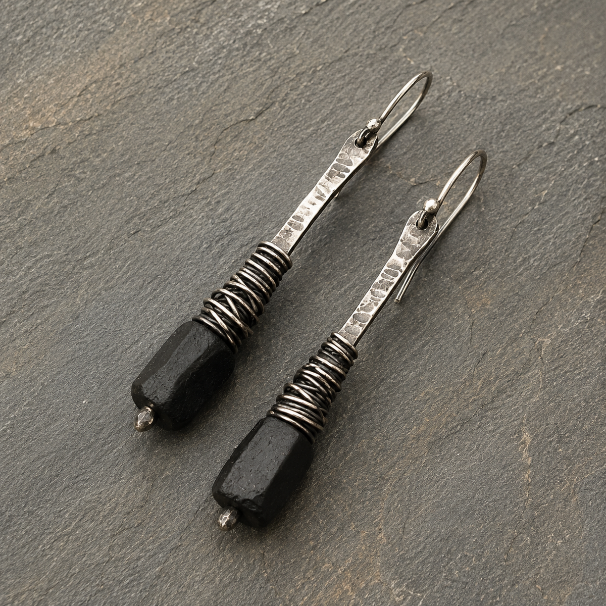 Handmade Sterling Silver & Black Obsidian Wire-Wrapped Dangle Earrings – Artisan Hammered Boho Earrings for Women