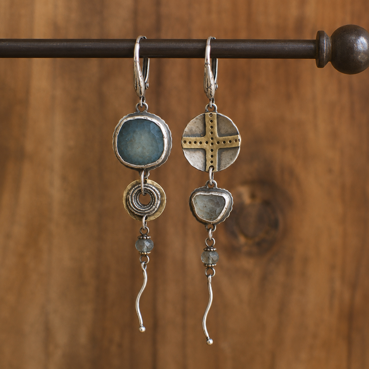 Handmade Asymmetrical Sterling Silver Aquamarine Earrings – Vintage Artisan Long Dangle Earrings for Women