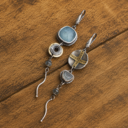 Handmade Asymmetrical Sterling Silver Aquamarine Earrings – Vintage Artisan Long Dangle Earrings for Women