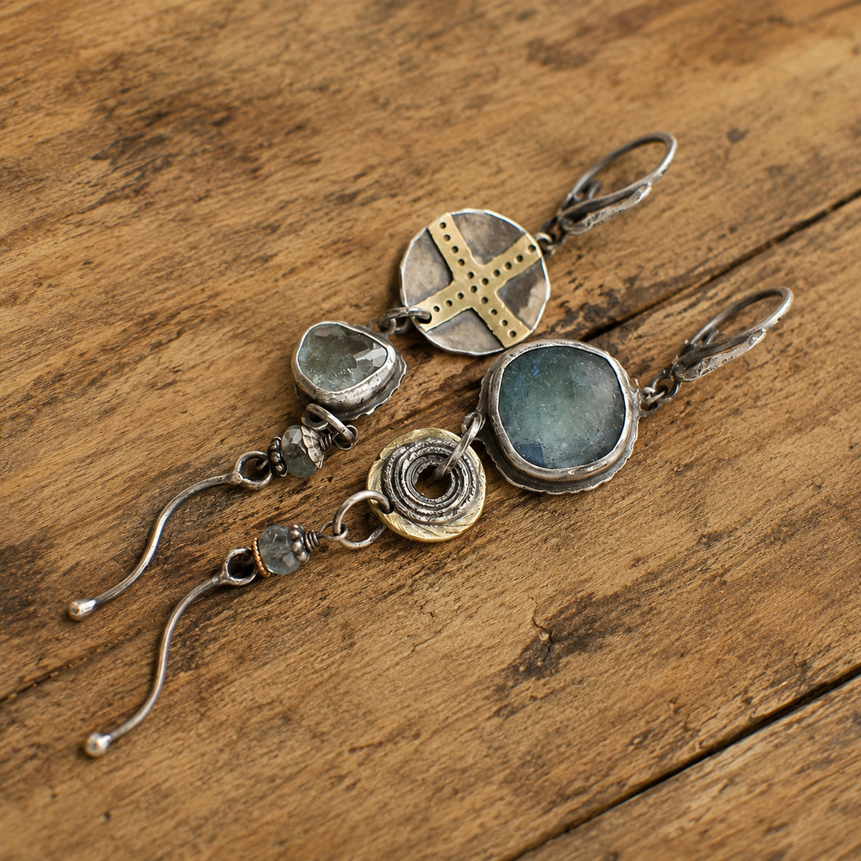 Handmade Asymmetrical Sterling Silver Aquamarine Earrings – Vintage Artisan Long Dangle Earrings for Women