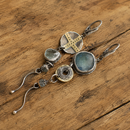 Handmade Asymmetrical Sterling Silver Aquamarine Earrings – Vintage Artisan Long Dangle Earrings for Women