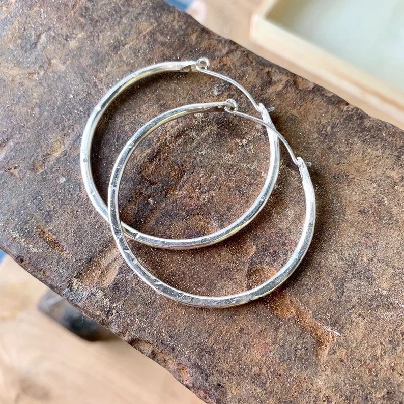 Handmade Hammered Sterling Silver Hoop Earrings – Artisan Textured Silver Earrings for Women