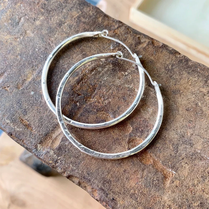 Handmade Hammered Sterling Silver Hoop Earrings – Artisan Textured Silver Earrings for Women