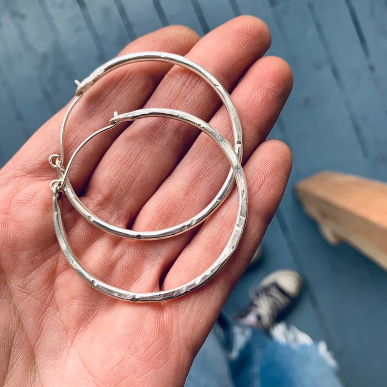 Handmade Hammered Sterling Silver Hoop Earrings – Artisan Textured Silver Earrings for Women