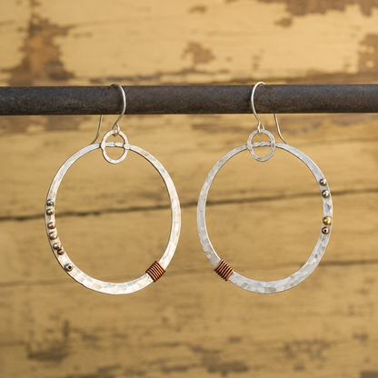 Handmade Hammered Sterling Silver & Copper Wire Hoop Earrings