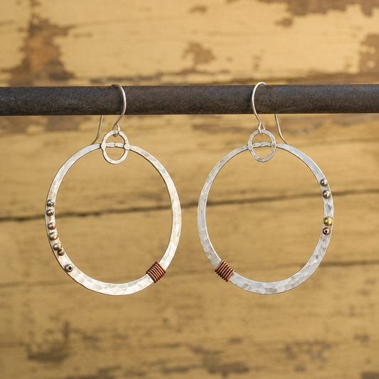 Handmade Hammered Sterling Silver & Copper Wire Hoop Earrings