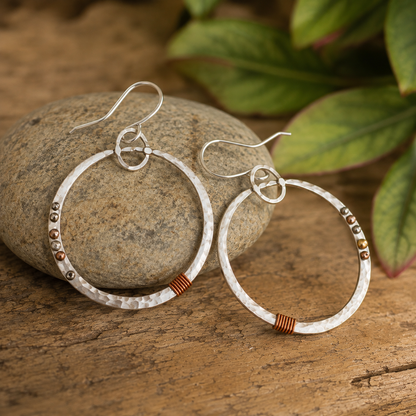 Handmade Hammered Sterling Silver & Copper Wire Hoop Earrings