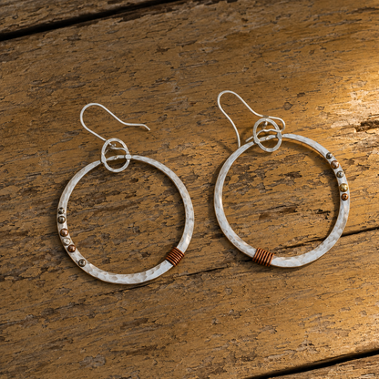 Handmade Hammered Sterling Silver & Copper Wire Hoop Earrings