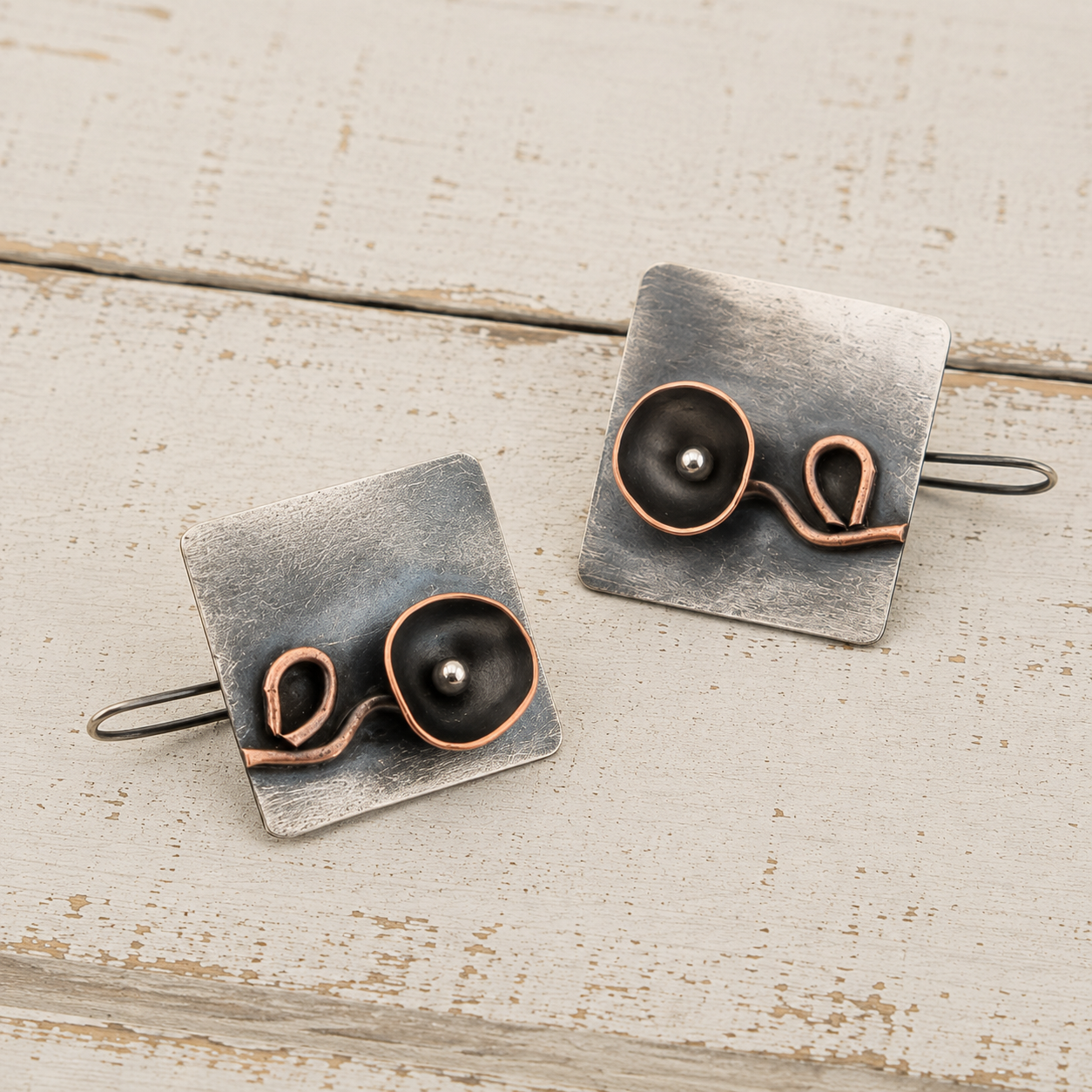 Handmade Sterling Silver & Copper Vintage Flower Earrings