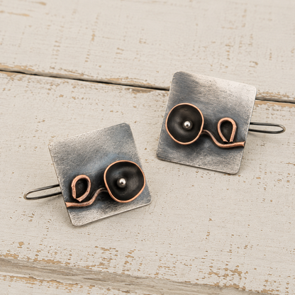 Handmade Sterling Silver & Copper Vintage Flower Earrings