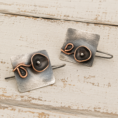 Handmade Sterling Silver & Copper Vintage Flower Earrings